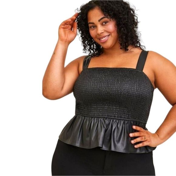 torrid Tops - TORRID Black Peplum Fauxe Leather Crop Smocked Tank Top Classic Preppy 1X